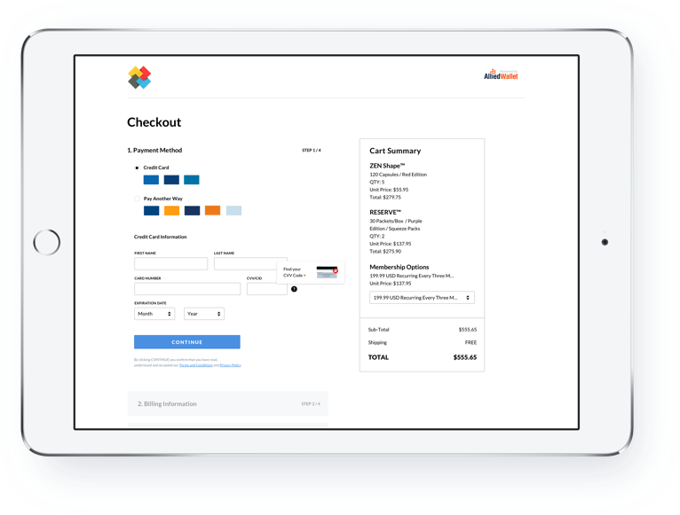 tablet showing Allied Wallet checkout interface